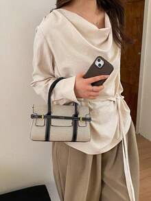 Women's Fashion Colorblock Canvas Tote Bag, Large Capacity Vintage Patchwork Commuter Handbag - Black - View 5