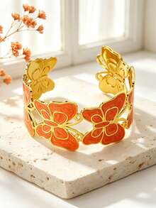 VceTd 1pc Romantic Style Colorful Enamel Butterfly Design Stainless Steel Open Bangle Bracelet For Women, Suitable For Weddings, Elegant Dates, Or Valentine's Day Gift For Loved Ones - Yellow Gold - View 7