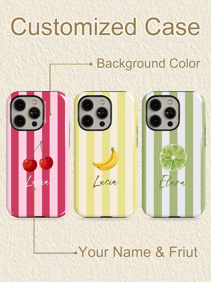 1 pieza Funda de teléfono personalizada con estilo de acuarela fresca de frutas a rayas, color y patrón personalizables, firma personalizada y frase corta, regalo de aniversario, regalo del Día de San Valentín, regalo de cumpleaños, regalo de boda, regalo del Día de la Madre, regalo del Día del Padre, regalo para mejor amigo, regalo para mamá/papá, regalo para novio, regalo para novia, funda protectora de carcasa dura con película brillante de cobertura completa 2 en 1, compatible con iPhone 11/12/13/14/15/16/17 Pro Max - Multicolor - Ver 1
