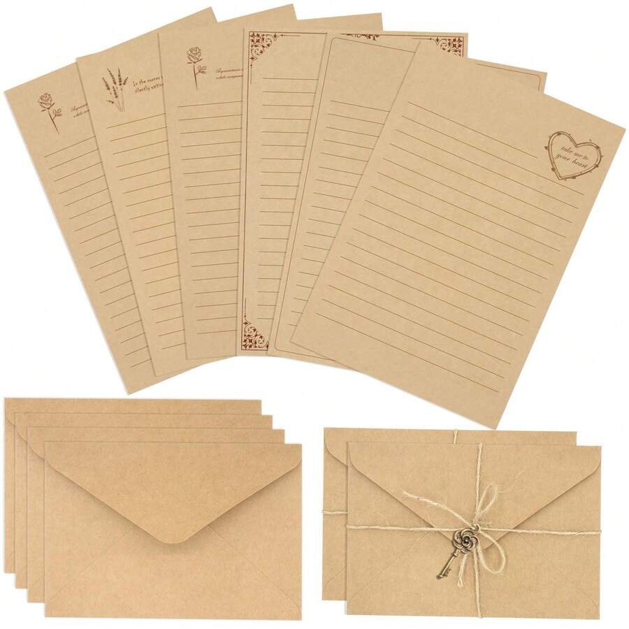 6/12 Sets Vintage Stationery Set, 12 Sheets Of Stationery Paper With 12 Matching Envelopes, Old-Style Letter And Invitation Stationery Set - Brown - View 1