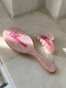 2件/1套客製化壓克力髮飾套組，個性化姓名抓夾、髮梳，女款時尚壓克力亮面姓名客製化大理石紋精緻髮梳抓夾，獨特新娘伴娘禮物客製化伴娘髮飾套組，情人節禮物，送給她的女性髮飾禮物 - 彩色 - 查看 4