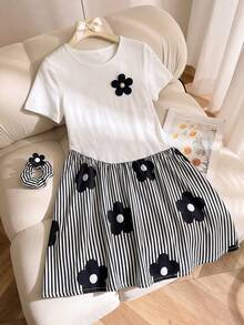 Girls' Summer Patchwork A-Line Dress With 3D Flower Decor Top And Striped Floral Print Skirt - White - View 4