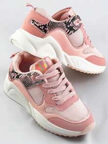 Sports Shoes, Lace-Up, Mesh + Imitation Leather, Snake Skin Imitations. - Pink - View 3