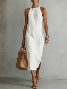 Women's Solid Color Fashionable Halter Neck Sleeveless Casual Dress White Elegant Summer - White - View 1
