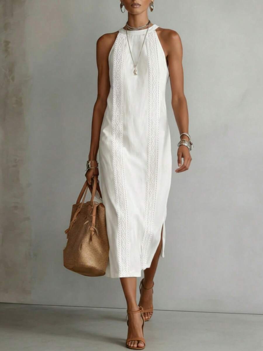 Women's Solid Color Fashionable Halter Neck Sleeveless Casual Dress White Elegant Summer - White - View 1
