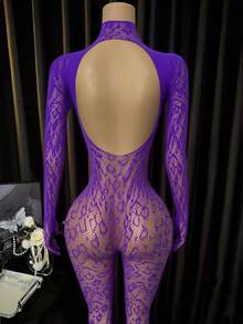 Women's Stand Collar Elastic Fishnet Long Sleeve Sexy Cutout Bodysuit - Purple - View 4