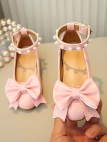 Mädchen Mary Jane Schuhe mit großer Schleife, Perlen-Knöchelriemen und klobigem niedrigem Absatz, Kinder Hochzeits- und Partykleid Schuhe, kleine Mädchen Prinzessin Schuhe - Pink - Übersicht 6