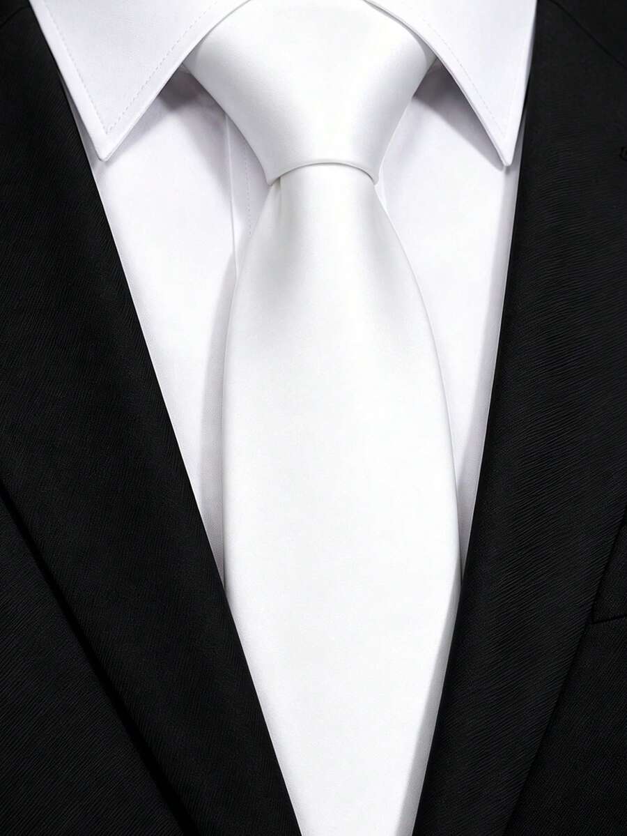1件純色緞面男士領帶,商務婚禮純色男士領帶 (7cm) - 白色 - 查看 1