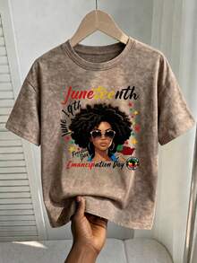 Acid Wash Regular Fit Short Sleeve T-Shirt, INS Style "Juneteenth" Graphic Print, Brown Vintage Heavyweight Washed Street Style Top Casual Summer - Mocha Brown - View 3