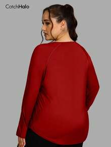 Tee-shirt de sport à manches longues pour femmes grandes tailles, avec trou pour le pouce, col rond, ourlet arrondi, coupe ample, doux et confortable, convient pour le fitness et le yoga - Rouge - Voir 4