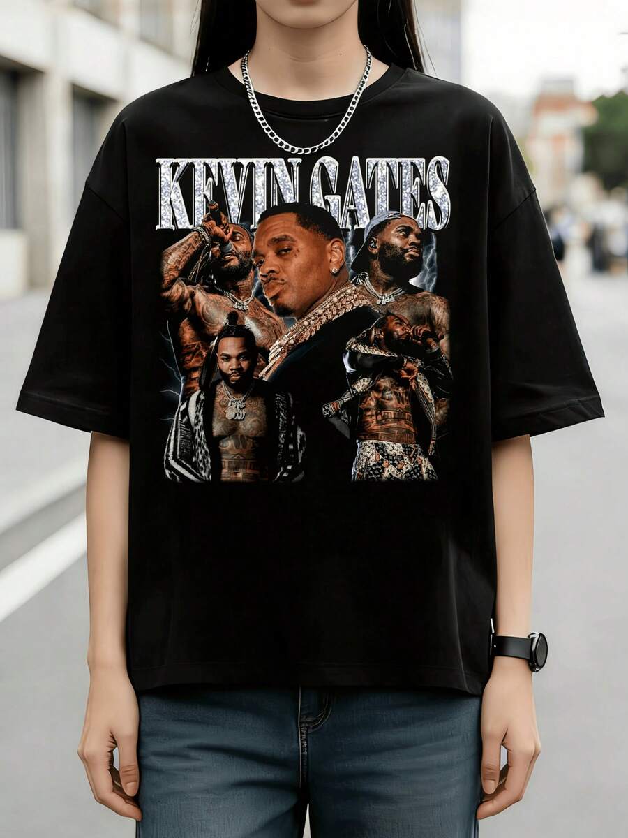 Retro Unisex Graphic Tee, Kevin Gates Five Tattooed Rapper Portrait Glitter Top Font Lightning Dark Background Vintage Southern Hip Hop Print Cotton T - 黑色 - 查看 1