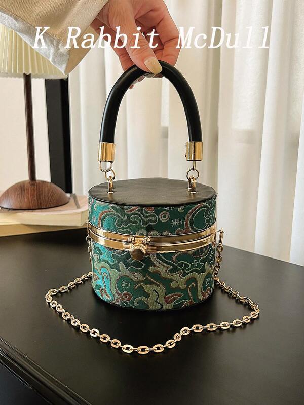 New Mini Fashionable Personalized All-Over Print PU Round Bucket Bag, Women's Metal Chain Handbag, Can Be Carried As A Shoulder Bag Or Crossbody Bag