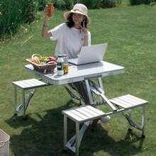Set di 2 tavoli da campeggio portatili pieghevoli in alluminio con panche, tavolo da picnic per esterni, mobili da viaggio leggeri per barbecue, spiaggia, giardino e campeggio. - Argento - Visualizzare 2