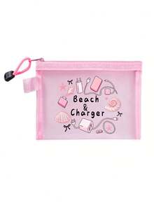 網格拉鍊收納包，印有「Beach Charger」字母圖案，多功能便攜收納包，數位收納包，化妝包，保養品收納包，旅行盥洗包必需品，宿舍用品，婚禮新娘禮物，母親節禮物，生日禮物，朋友與老師禮物，浴室收納，珠寶收納，口紅化妝收納包，度假旅行必需品，教師節禮物，戶外露營必需品，開學禮物 - 彩色 - 查看 15