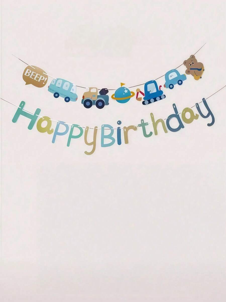 1組男孩生日派對交通工具主題裝飾橫幅,卡通汽車工程車生日快樂掛旗 - 彩色 - 查看 1