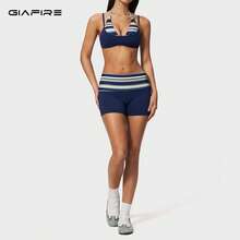 GIAFIRE 新款女款 2 件式運動套裝，細肩帶瑜珈內衣與高腰快乾休閒短褲，條紋跑步戶外沙灘健身瑜珈套裝 - 藏蓝色 - 查看 2