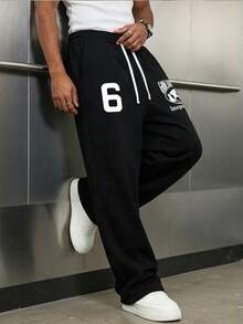 Men's Size 6 Number & Letter Print Drawstring Loose Sweatpants, Retro Casual Outdoor Sports Wide Leg Long Pants Black - Black - View 3