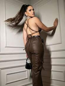 Cargo Pants And Leather Top Set (0038) - Rust Brown - View 2