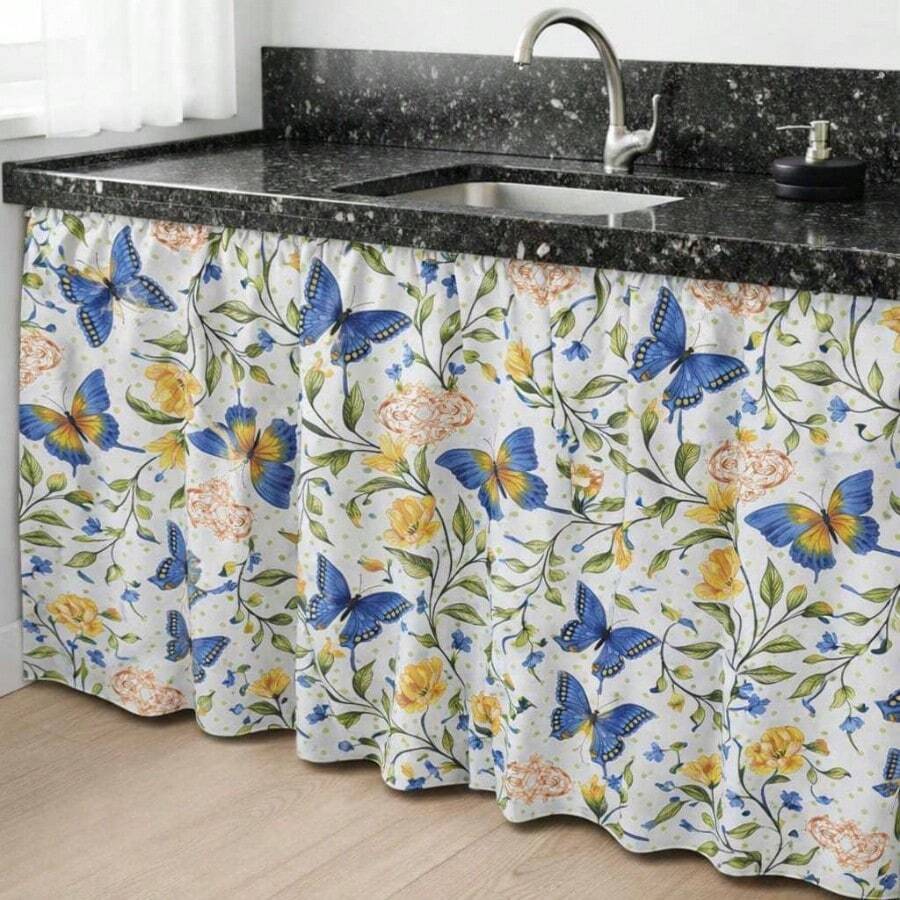 Cortina de Pia Estampada para Cozinha Tecido Oxford 1,40x0,80  Cortininha Decorativa - borboleta - Visão 1