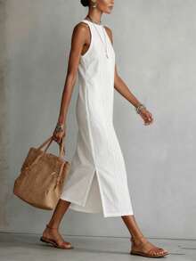 Women's Solid Color Fashionable Halter Neck Sleeveless Casual Dress White Elegant Summer - White - View 4