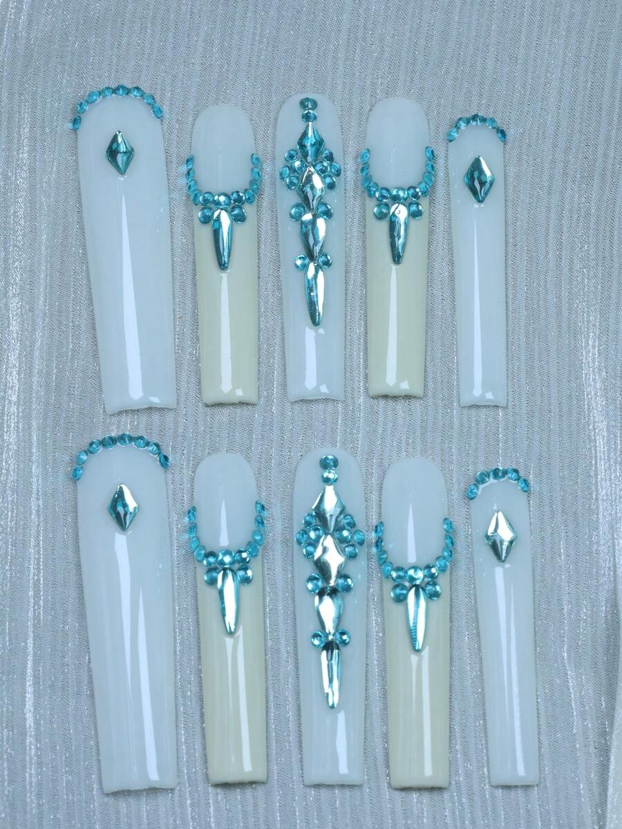 CrystalHola 10 Pcs Handmade Coffin-Shaped Nails, Y2K Style, Perfect For Summer Vacations, Graduation Season, The World Cup, And Independence Day. White & Blue With Rhinestones And French Tip Nails. Fits Parties, Weddings, And Wear Daily.A Great Gift For Girls Handmade Press On Nails - Multicolor - View 1