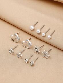 Women Tiny Heart Pineapple Letter Rhinestone Inlaid Pearl Mini Flat Stud Decorative Jewelry Earrings For Daily Styling - 5 - View 2