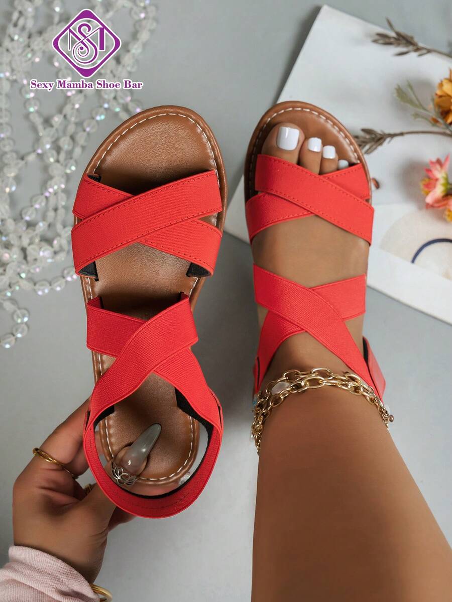 Women's Cross Elastic Strap Flat Sandals, Wide Fit, Solid Color, Comfortable, Minimalist, Outdoor, Beach, Party - Red - View 1
