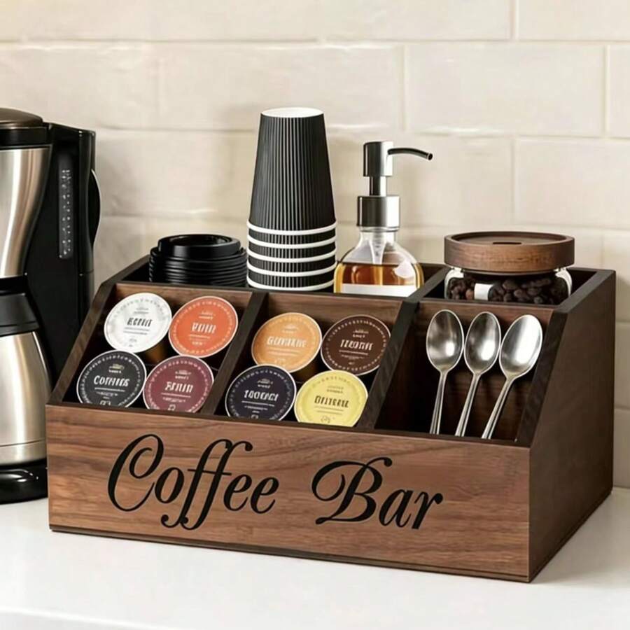 1pc 5-Compartment Wooden Coffee Bar Organizer, Vintage Country Style Countertop Storage Box, Suitable For Coffee Capsules, Coffee Cups, Spoons And Accessories, Farmhouse Style Kitchen Coffee Station Decor - Multicolor - View 1