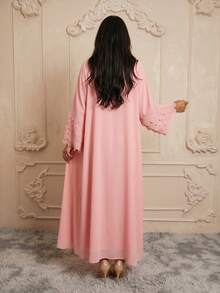 Hafizah Chiffon Solid Color Abaya Cardigan Robe, Middle Eastern Style, Dubai Arabic Women Outerwear - Pink - View 5