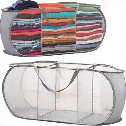 Large Capacity Foldable Storage Basket, 2-Compartment Design, Suitable For Bedroom, Bathroom And Dormitory Laundry, Can Store Clothes And Miscellaneous Items, Random Color