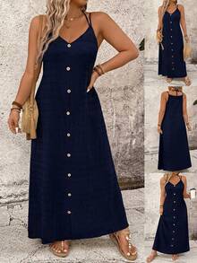 LUNE Damen Große Größen Einfarbiges Spaghetti-Träger Lässig Strandurlaub Kleid - Marineblau - Übersicht 1