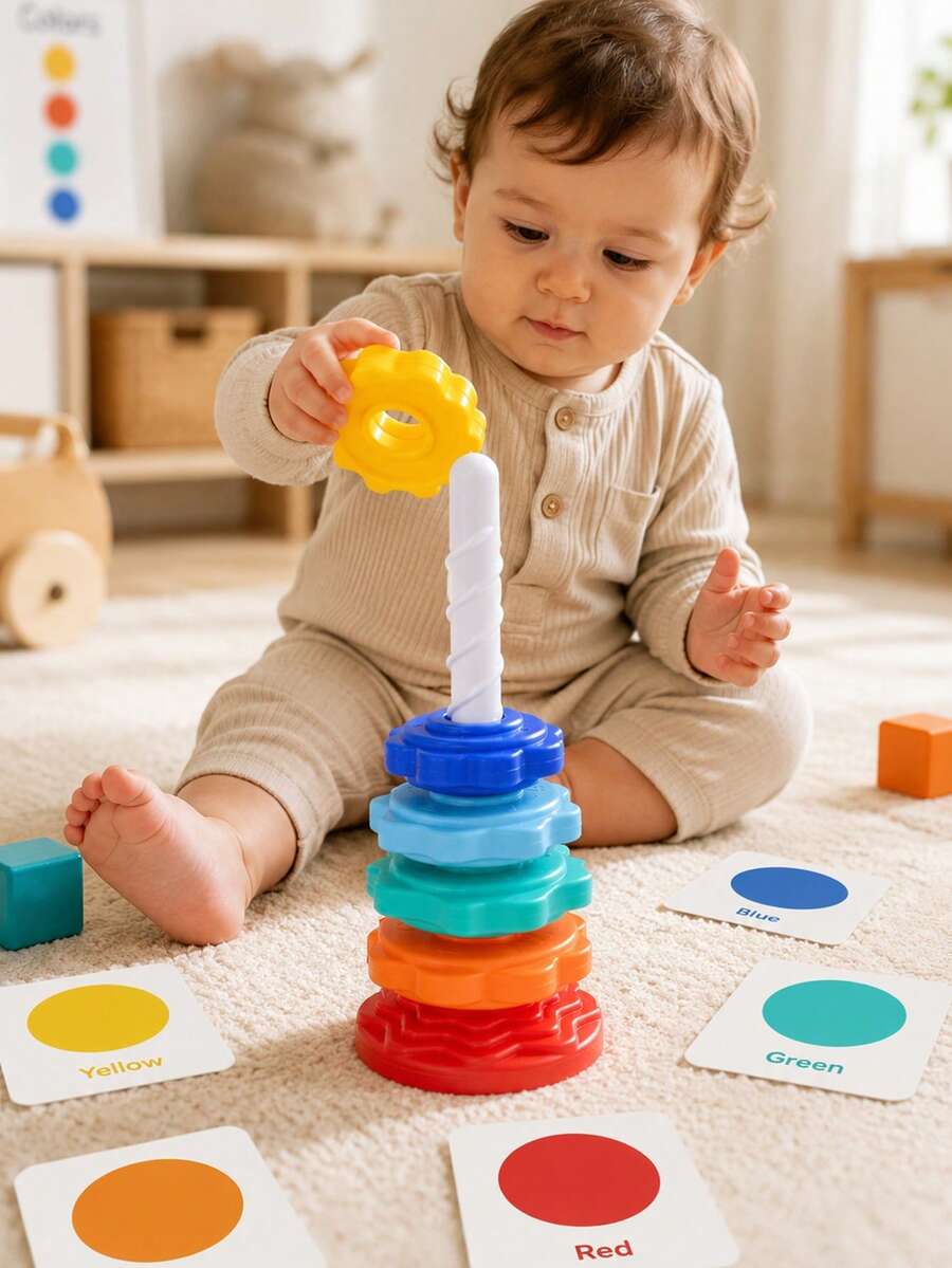 嬰兒旋轉疊環玩具,高品質兒童疊環玩具,適用於嬰兒與幼兒的旋轉疊環玩具,益智學齡前學習玩具,感官旋轉玩具,因果關係玩具,幼兒玩具,感官玩具,嬰兒旋轉玩具,18個月大玩具 - 彩色 - 查看 1