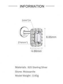 AnlaScheer 1pc Moissanite 925 Sterling Silver Exquisite Square Flat Back Cartilage Helix Piercing Stud Earring, Women's Engagement Wedding Bridal Jewelry - Silver - View 12