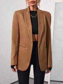 1pc Daily Commute Casual Versatile Solid Color New Style Elegant Minimalist Lapel Long Sleeve Pocket Cardigan Jacket - Brown - View 5