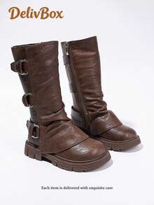 Autumn/Winter Girls' Mid-Calf Leather Boots, Brown Ruched Stacked Boots With Metal Buckle Side Zipper, Thick Sole Anti-Slip Western Style Children's Long Boots - Brown - View 5
