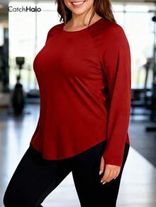 Tee-shirt de sport à manches longues pour femmes grandes tailles, avec trou pour le pouce, col rond, ourlet arrondi, coupe ample, doux et confortable, convient pour le fitness et le yoga - Rouge - Voir 8