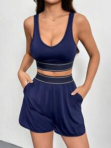 2pcs Women's Casual 2 Pieces Set V-Neck Cropped Top And Elastic Waist Shorts Sports - Blue - View 9