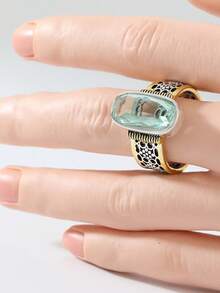 1pc Bohemian Style Dual-Tone Ring With Oval Green Synthetic Cubic Zirconia, Women's Jewelry, Suitable For Wedding, Party And All-Year Wear, Elegant Gift For Her, Wedding Ring | Elegant Jewelry | Textured Band, Wedding Jewelry - Two-color - View 5