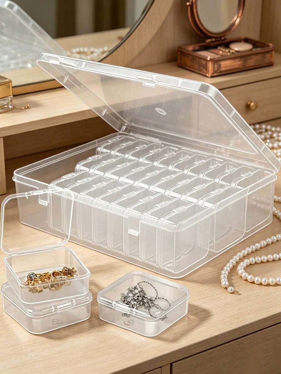 1 pezzo Scatola di stoccaggio in plastica resistente con 30 scomparti e piccoli contenitori, organizer trasparente per gioielli e piccoli oggetti, soluzione per la casa, scatola di stoccaggio multifunzione con chiusura a scatto resistente, adatta per uso domestico e in dormitorio, scatola per gioielli, forniture per cucito fatto a mano - Multicolore - Visualizzare 1