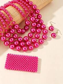 Exaggerated Multi-Layer Dandelion Handmade Beaded Faux Pearl Necklace, Bracelet And Earrings 3-Piece Set, Vintage Boho Style - Hot Pink - View 1