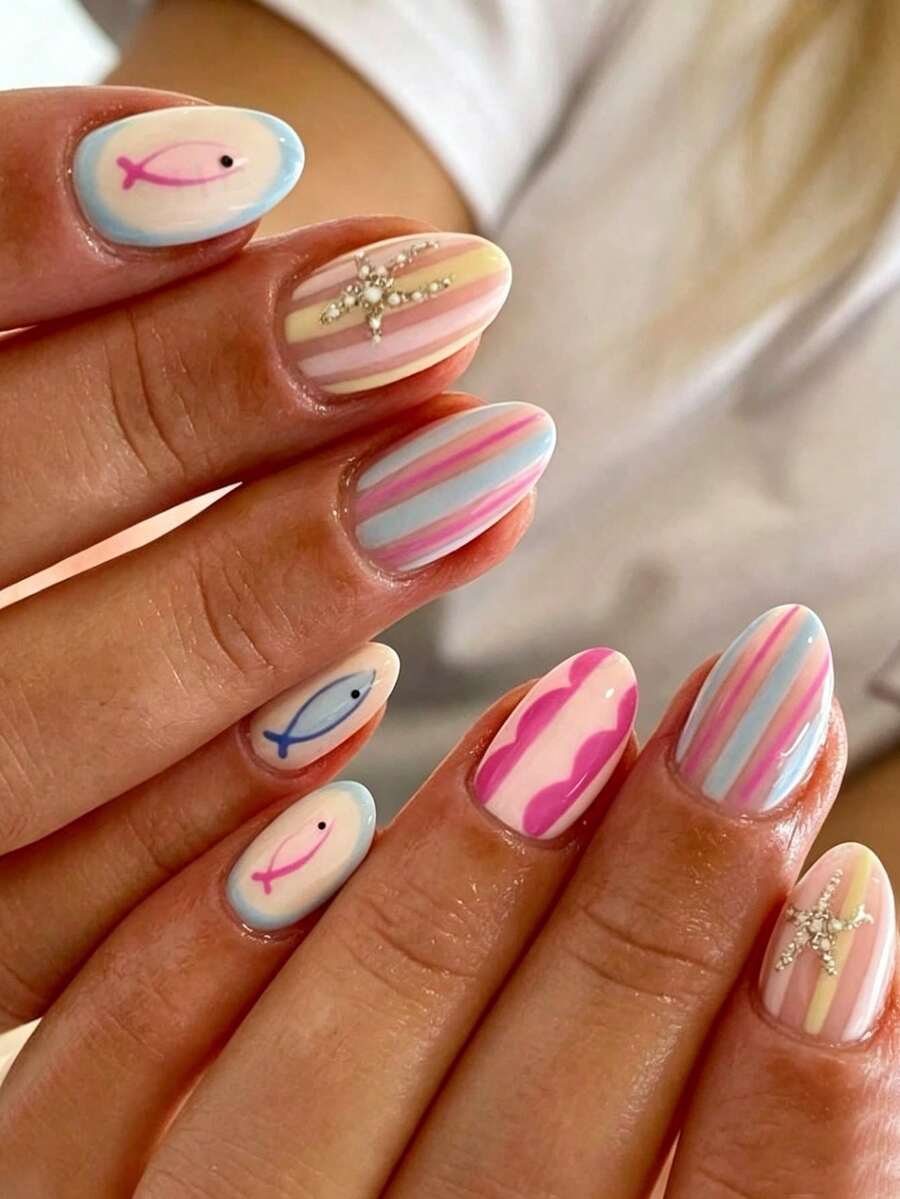 24pcs Cute Nail Stickers, Featuring Vibrant Macaron Colors, Summer Stripes, Cartoon Fish And Wave Patterns, Suitable For Beach Vacation, Daily Commute, Party And Music Festival Nails - Multicolor - View 1