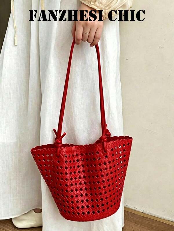 Fashionable Red PU Woven Shoulder Bag With Hollow Design, Adjustable Strap And Shopping Basket. Suitable For Teachers, Full-Time Moms, Office Workers And Students For Commuting, Shopping, School, Vacation, Daily Outings And Weekend Trips.