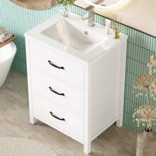 61 X 47 X 83 Cm, Freestanding Washbasin, Fully Lacquered, Three Drawers, Silent Sliding Rails, One-Piece Ceramic Basin, White. - White - View 3