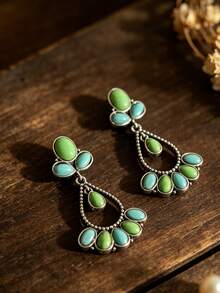 1 Pair Vintage Synthetic Turquoise Teardrop Hollow Dangle Zinc Alloy Earrings - Green - View 5