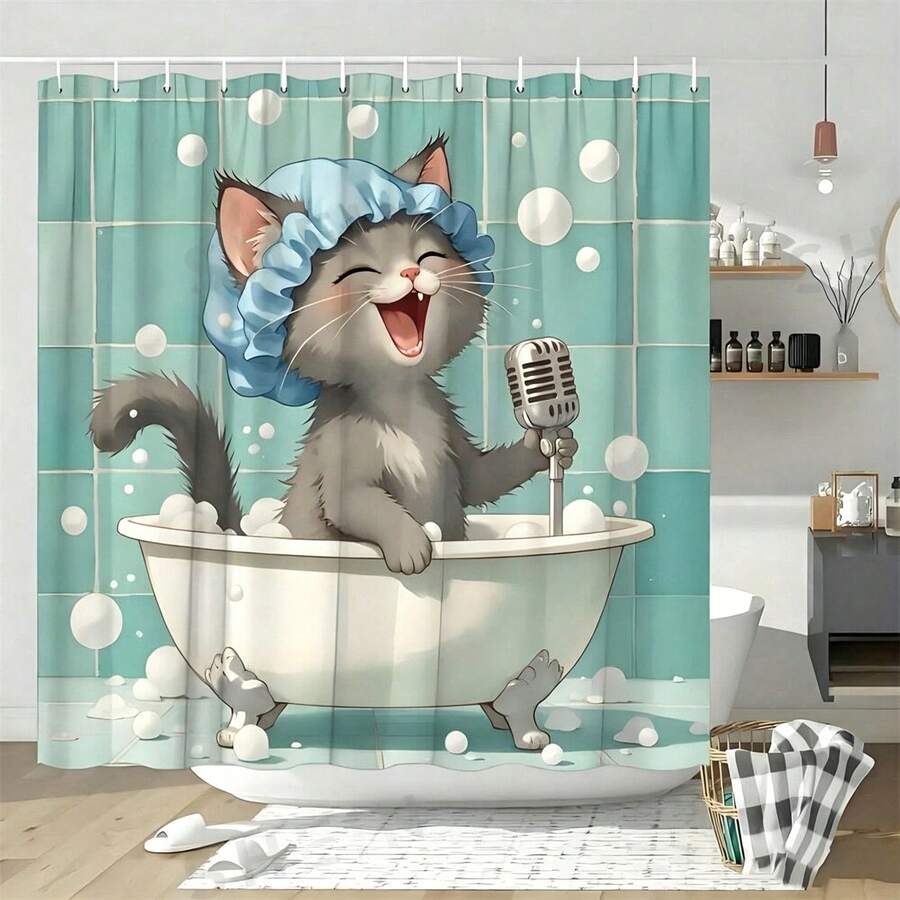 1 pieza Cortina de ducha con diseño de gato de dibujos animados, tela de poliéster duradera, impermeable, sin perforación, fácil instalación, adecuada para el hogar, hotel, vacaciones, regalo para amantes de los gatos, juego de cortina de ducha para baño, incluye 12 ganchos, patrón de gato McBa cantando