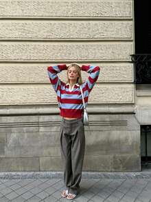 ZAHM Women's Loose Cropped Color Block Long-Sleeve Knit Top With Red, White And Blue Striped Polo Collar - Multicolor - View 2