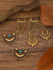 3 Pairs Vintage Bohemian Hollow Flower & Geometric Line Design Earrings Set, Suitable For Women Everyday Wear Valentines - Yellow Gold - View 7