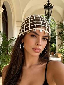 1pc Women's Plaid Floral Handmade Crochet Beanie, Spring/Summer Fashion Thin Y2K Shell Tassel Crochet Knitted Hat, Suitable For Daily Wear, Vacation, Bohemian Photo Decoration - Multicolor - View 5