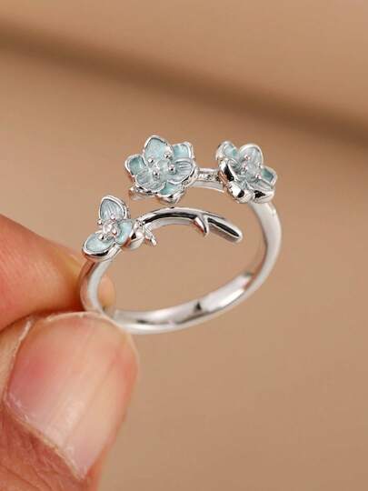 1pc Cottagecore Sweet Copper Silver Plated Light Blue Enamel Three Flower Adjustable Open Ring For Women Spring Floral Daily Jewelry Gift