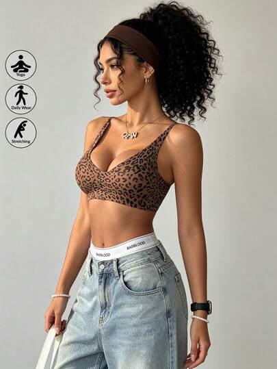 Runway Rest 1pc Women Leopard Print Seamless Comfortable Leisure Camisole Bra